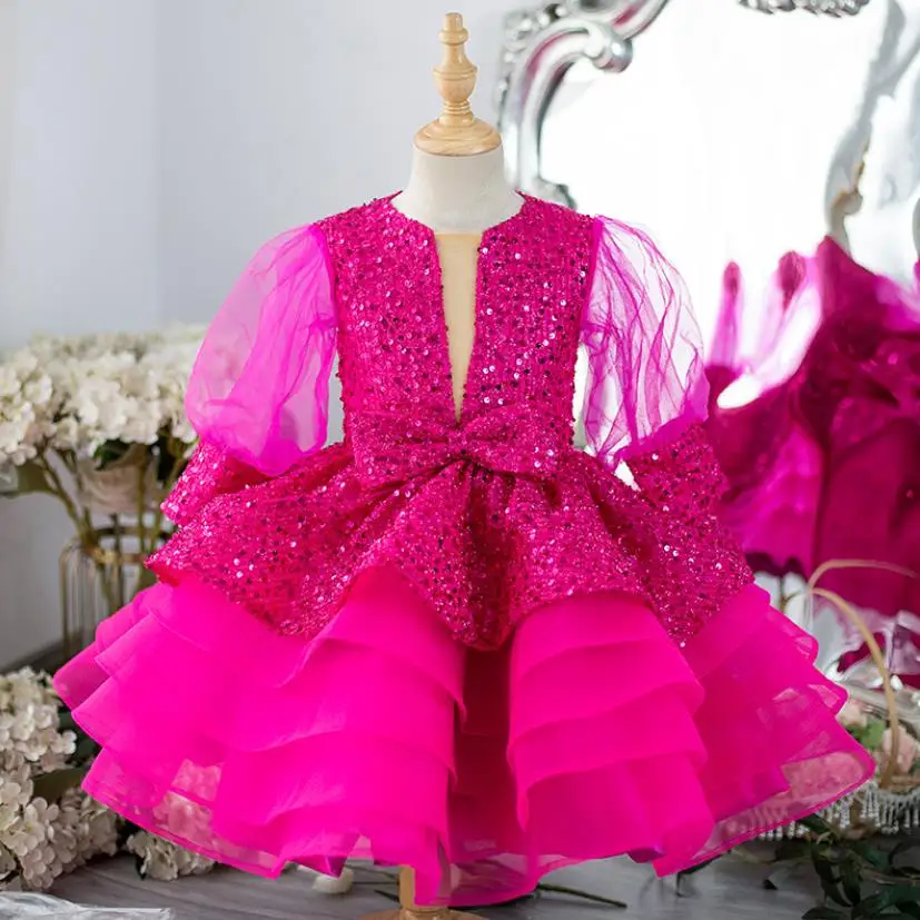 

High-End Children's Princess Sequin Evening Gown Kids Catwalk Wedding Birthday Baptism Party Flower Girl Dress A3993 Vestidos