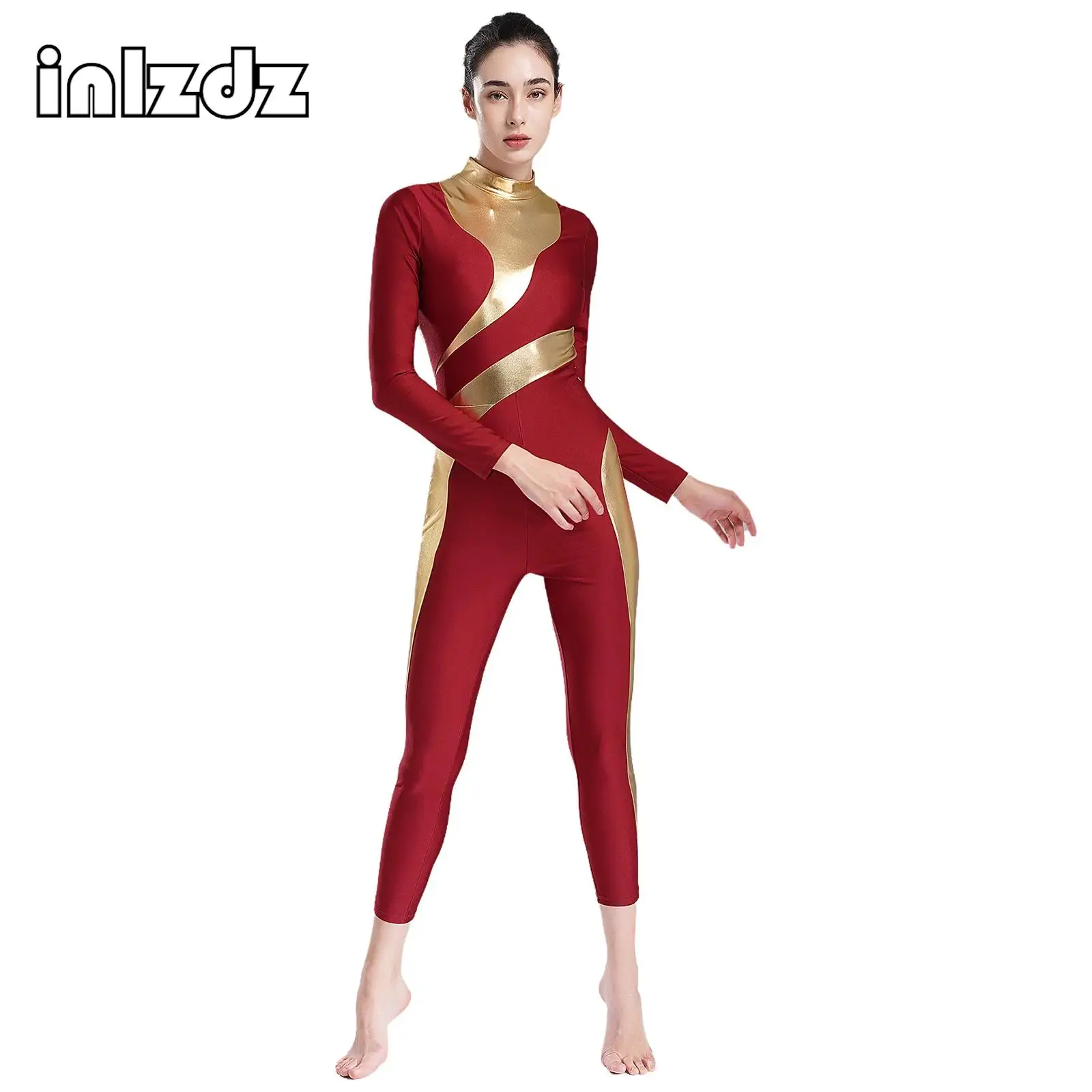 

Womens Acrobatic Gymnastics Jumpsuit Metallic Contrast Full Body Leotard Dancewear Long Sleeve Figure Skating Bodysuit Costume