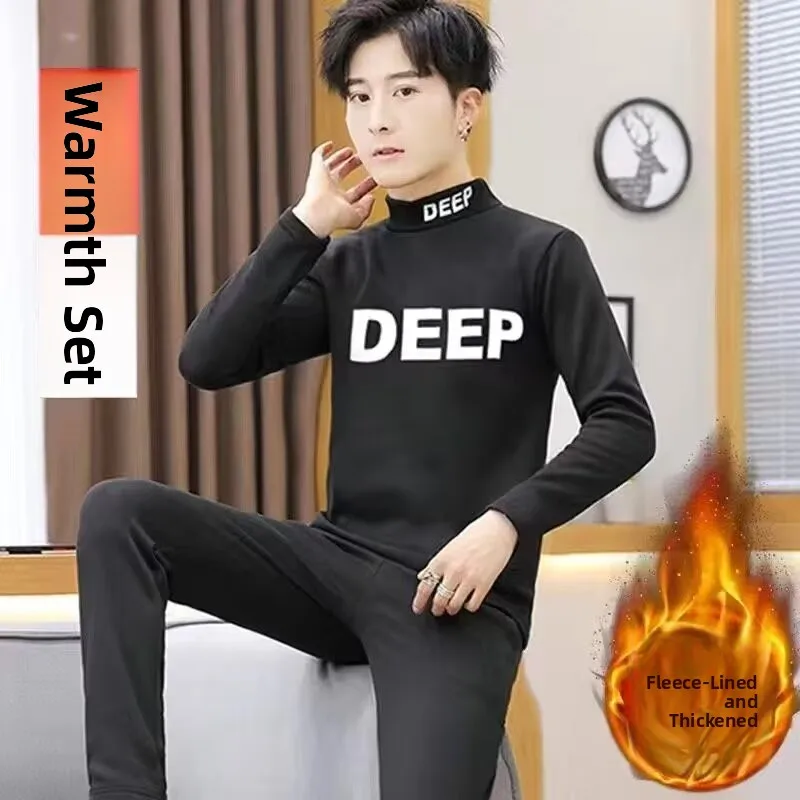 Men's Thermal Underwear Set Gold Fleece Thickened Slim Fit Winter Warmth Protection Youth Polyester Long Sleeve mid Neck