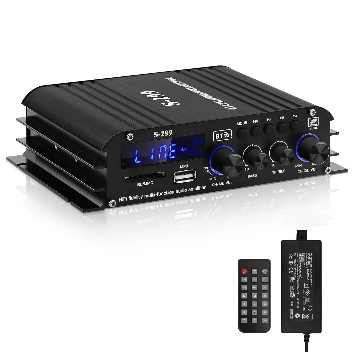 

Bluetooth 5.0 4.1 Channel Audio Amplifier with USB/SD/AUX, 40Wx4 RMS Power for Home Speakers