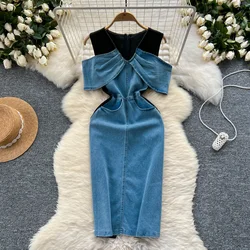 Women Long Dresses Designer Off Shoulder Patchwork Denim Dress V Neck Ruffles Patchwork Jean Vestidos