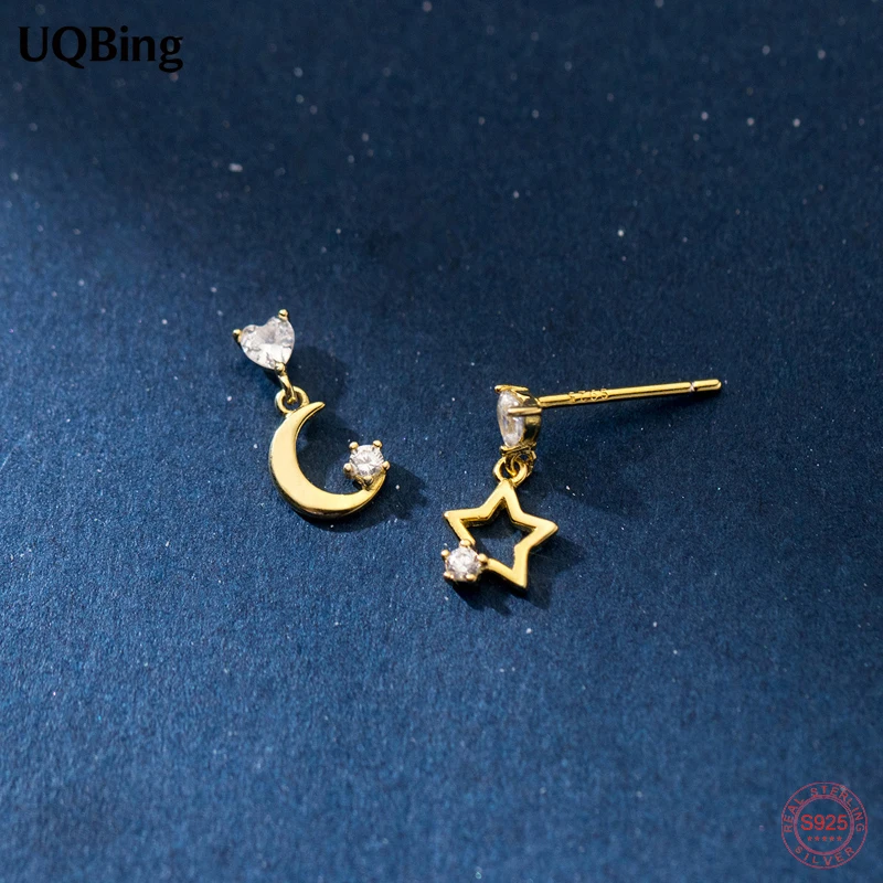 925 Sterling Silver Short Star And Moon Asymmetric Earrings Women's Hollow Quality CZ Zircon Heart Stud Earrings