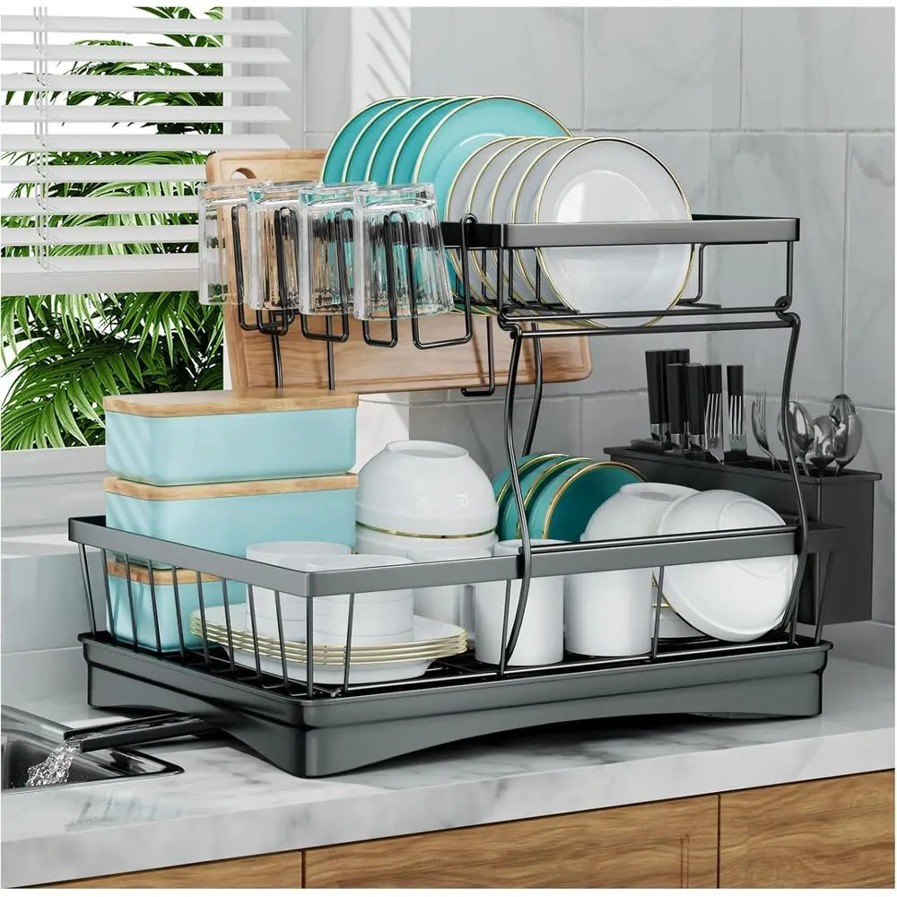 

Large Dish Drying Rack or Kitchen Counter, Detachable Large acity Dish Drainer Organizer, 2-Tier Dish Racks with Utensil Holder,
