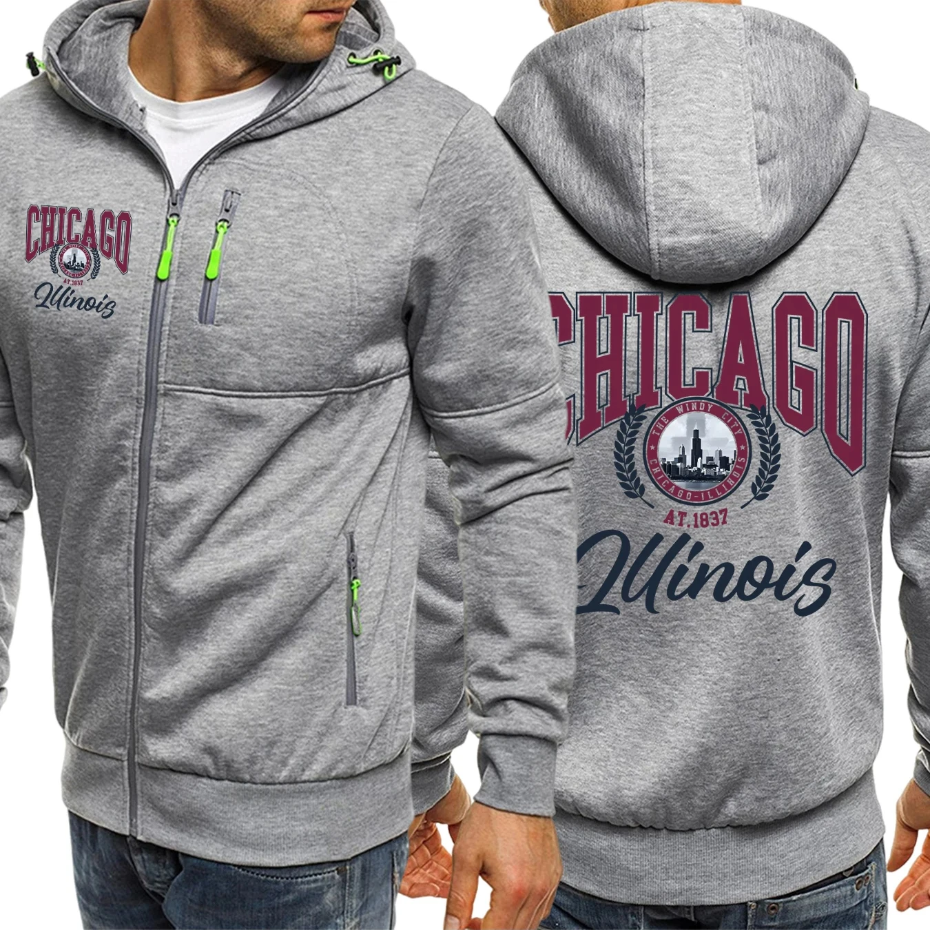 

Chicago Illinois Prints Autumn Zipper Hoodies Male Fashion Comfortable Hoodie Fleece Warm Streetwear Casual Street Clothing