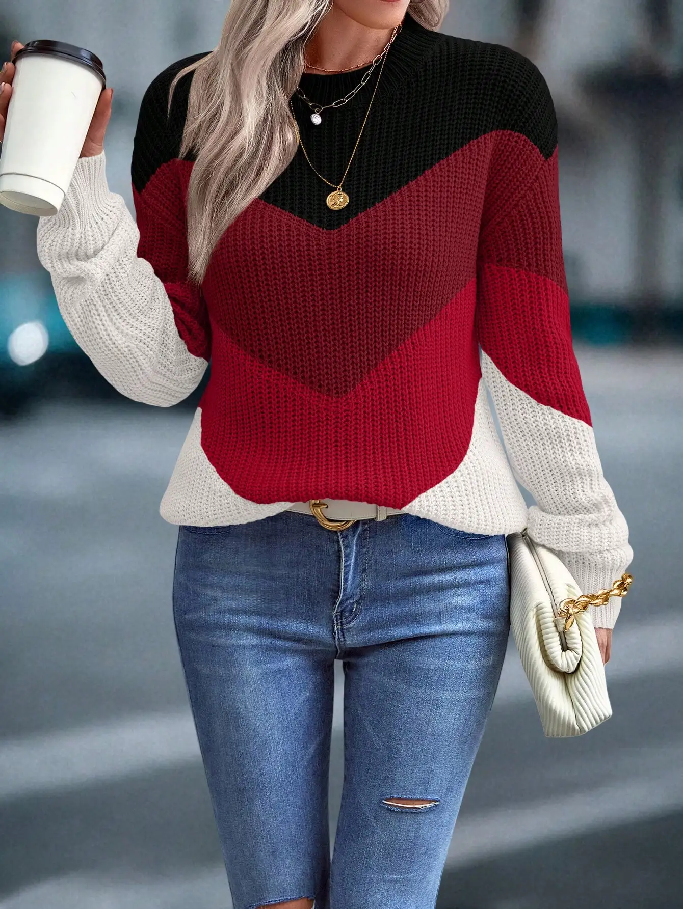 

Women's Colorblock Chevron Knit Pullover Sweater, Drop Shoulder, Casual Fall Winter