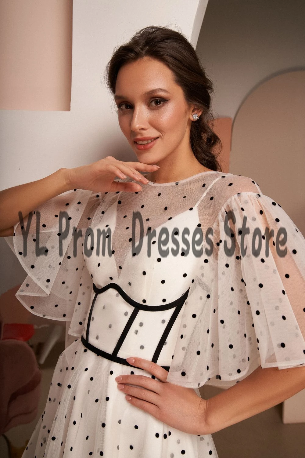 YL O-Neck Black Spotted Tulle Homecoming Dresses Tea-Length Short Sleeve Prom Dress 2022 Formal A-Line Special Occassion Gowns