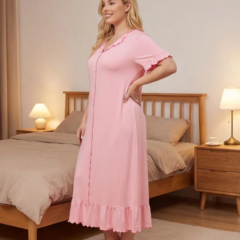 

Plus Size Causal Solid Long Nightgown Summer Label Neck Short-sleeved Loose Pajamas Dress Ruffle Hem Loungewear Home Clothes