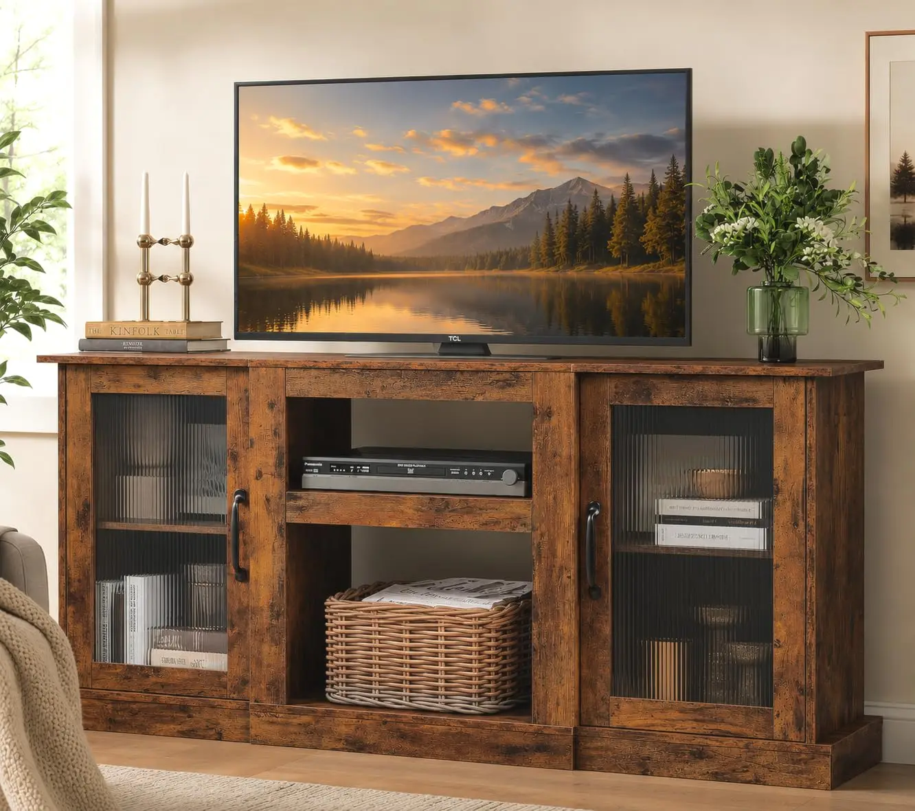 Farmhouse TV Stand With Storage Cabinets Adjustable Shelves Acrylic Doors Living Room Bedroom 58 Inch, Customized
