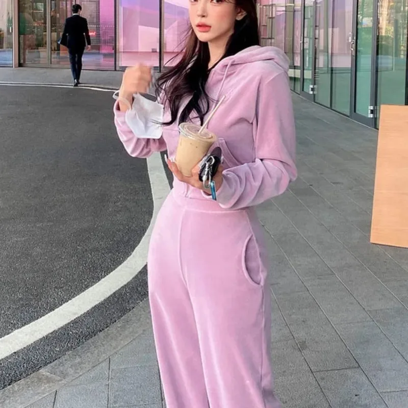 

Niche Pant Sets for Women Solid Velvet Clothing Autumn Winter Streetwear Korean Style Fashion College Design Minimalist Popular