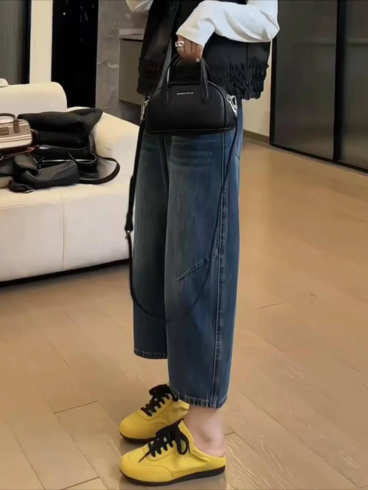 Vaqueros retro de cintura alta y pierna ancha para mujer, nuevo estilo, talla ande, hoados, cortos, de nueve puntos con c...