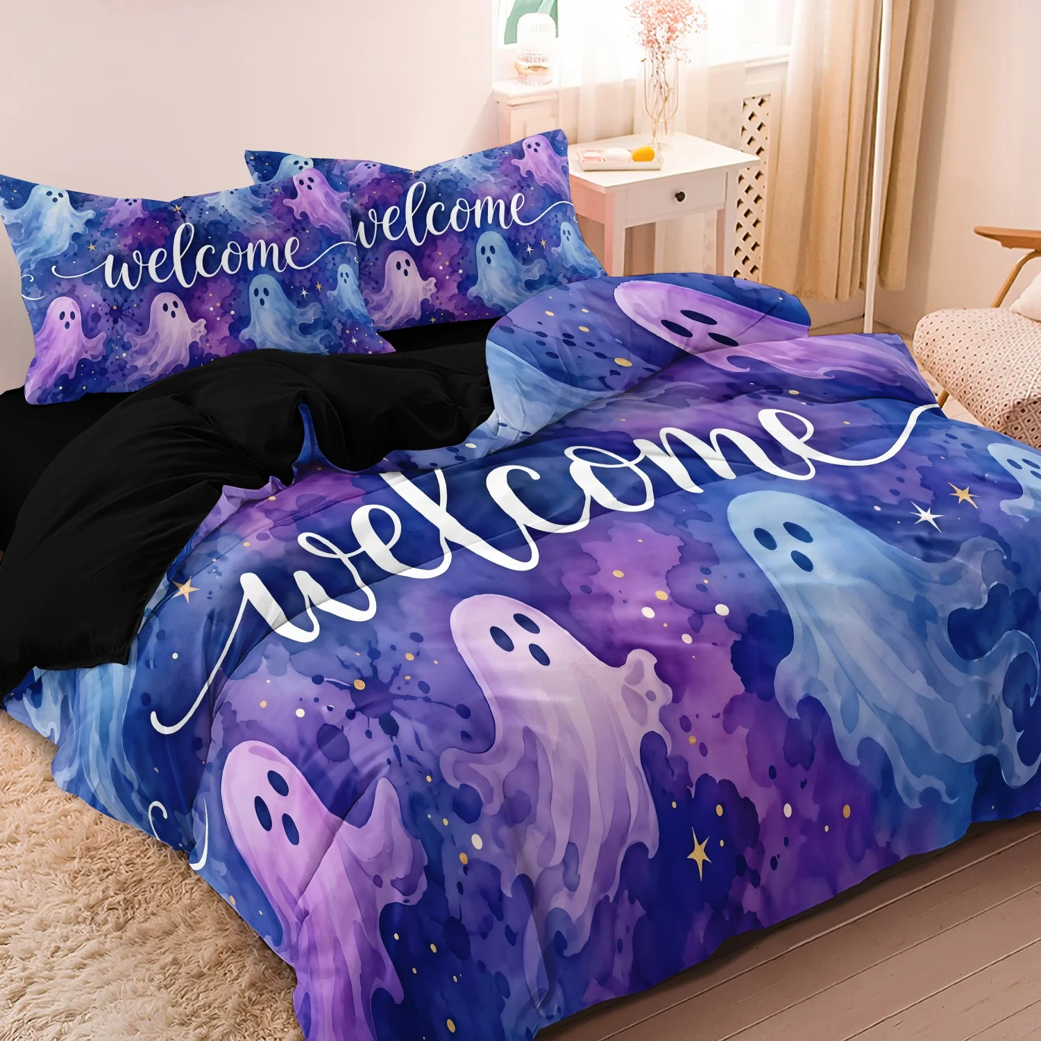 3 Pieces Watercolor Purple Blue Ghost Print Duvet Cover Set, Welcome Slogan Cute Ghost Star Galaxy Watercolor Print Bedding