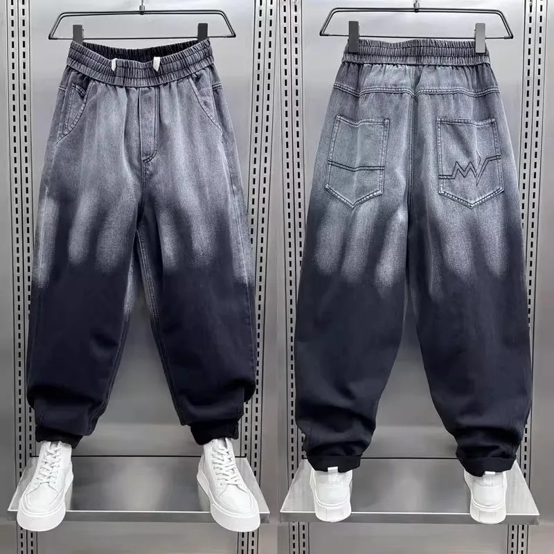 

Мужские повседневные джинсы свободного кроя с градиентным эффектом, укороченные, утепленные, осенне-зимние, большие размеры (до 300 фунтов), модные