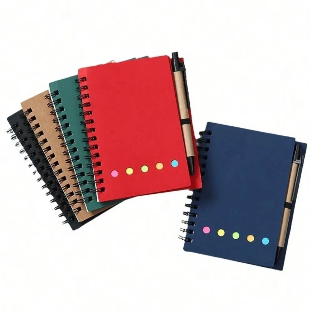 4팩 4.1x5.3인치 스프링 노트 세트, 스티커 메모, 펜 고리, 포켓 메모장, 색인 탭, 갈색 종이 커버, 줄 있는 저널