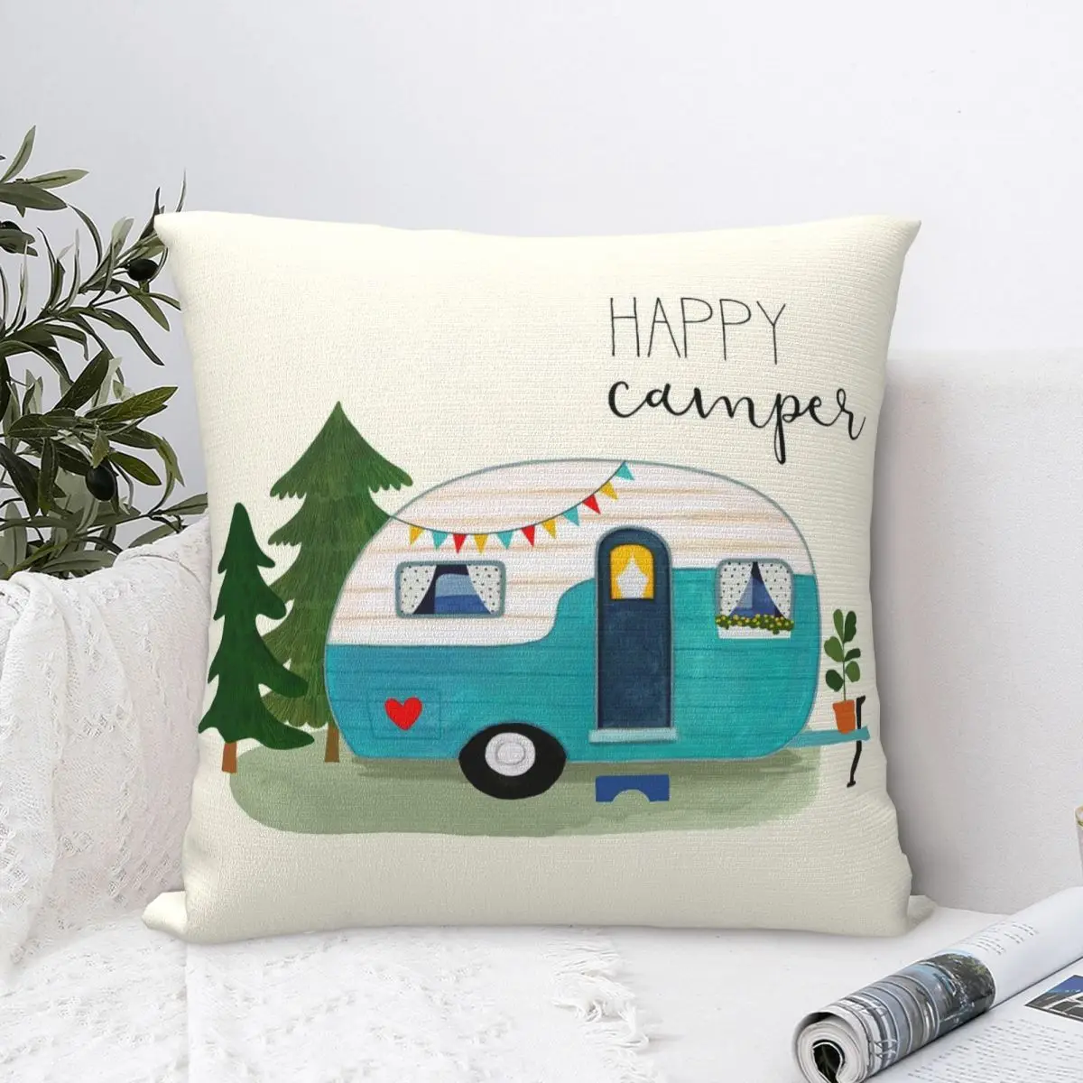 Happy Adventure Camping Pillow Covers Couch Camp Caravan Cushion Cover Cute Pillow Cover 40*40