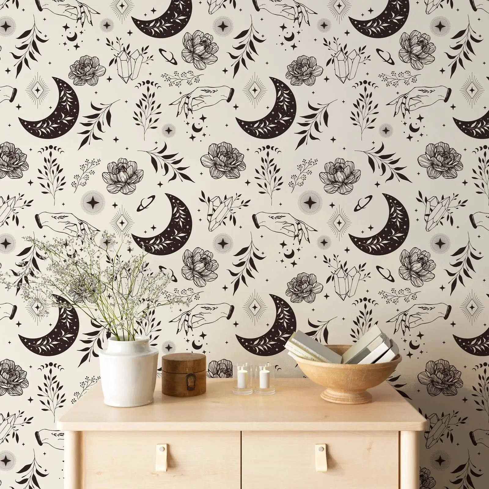 Light Boho Wallpaper Moons Leaves Peel and Stick, Black and White Boho Witchy Wall Mural Home Decor,Self-adhesive Or Traditional