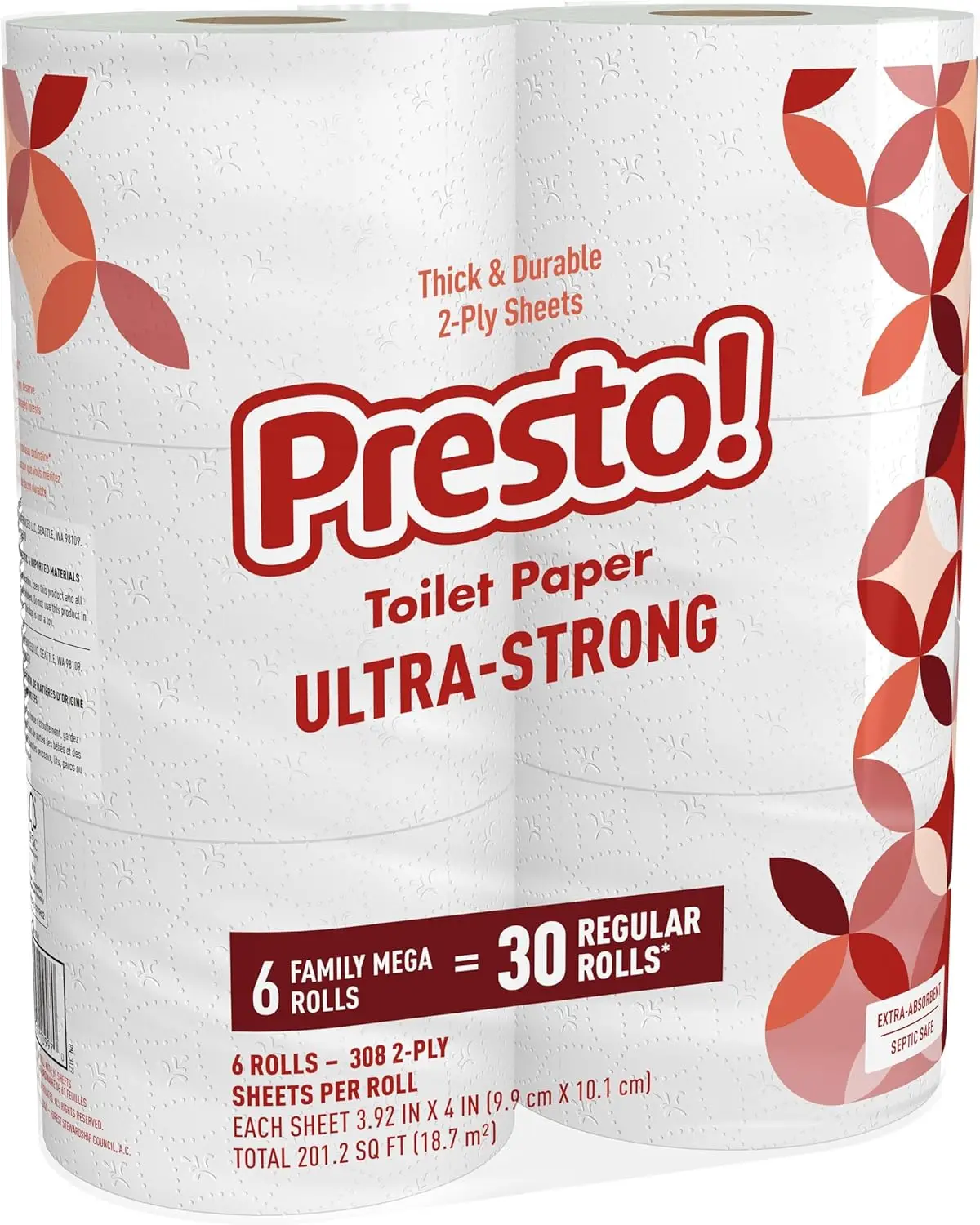 

Сверхпрочная двухслойная туалетная бумага, 6 мегарулонов = 30 обычных рулонов, 308 листов в рулоне, без запаха, упаковка из 6 штук