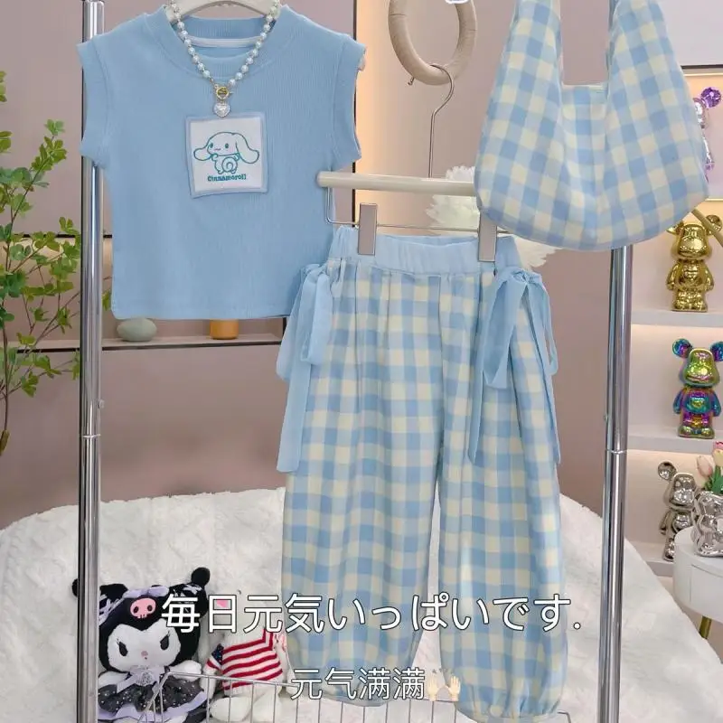 New Cartoon Cinnamoroll Children Bow Vest Plaid Pants Girl Fashion Suit Casual Tops Trousers Summer Children Clothes Girls Gift