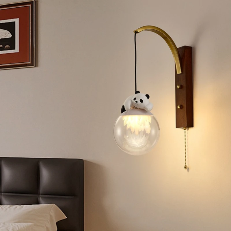 Medieval Wooden LED Pendant Light Cartoon Panda Children's Bedroom Hallway Aisle Entrance Balcony Eye Protection Glass Ball Lamp