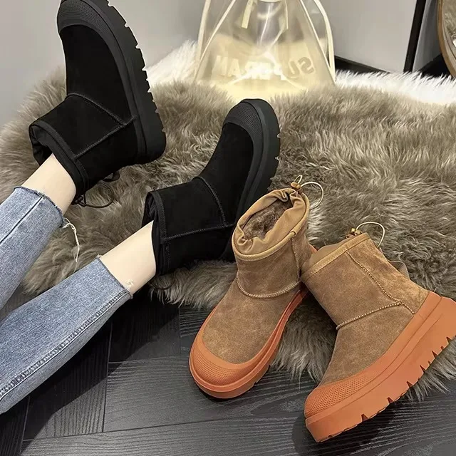 

Women's Thickened Mid-Calf Real Leather Tassie Snow Boots Winter Fashion Fluffy Lined Booties Chinese Brand No Registration