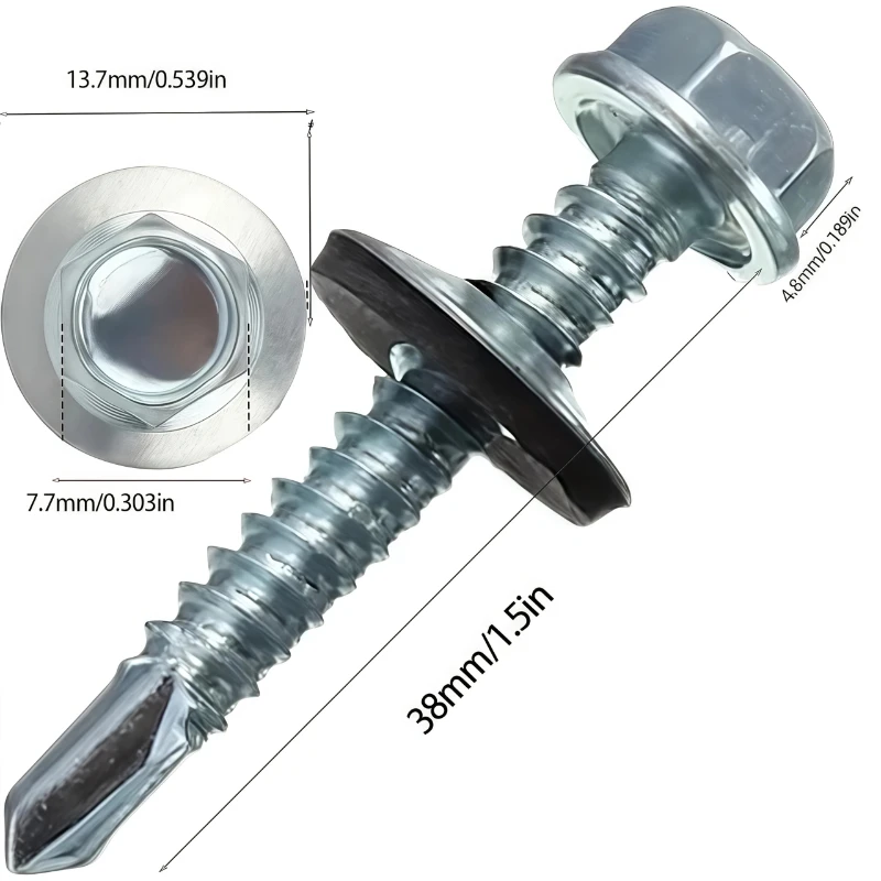 50pcs external Hex Self-tapping Screw M4.8x38 Hexagonal Head Cap screws with sealing rings waterproof rust-proof  roof screws