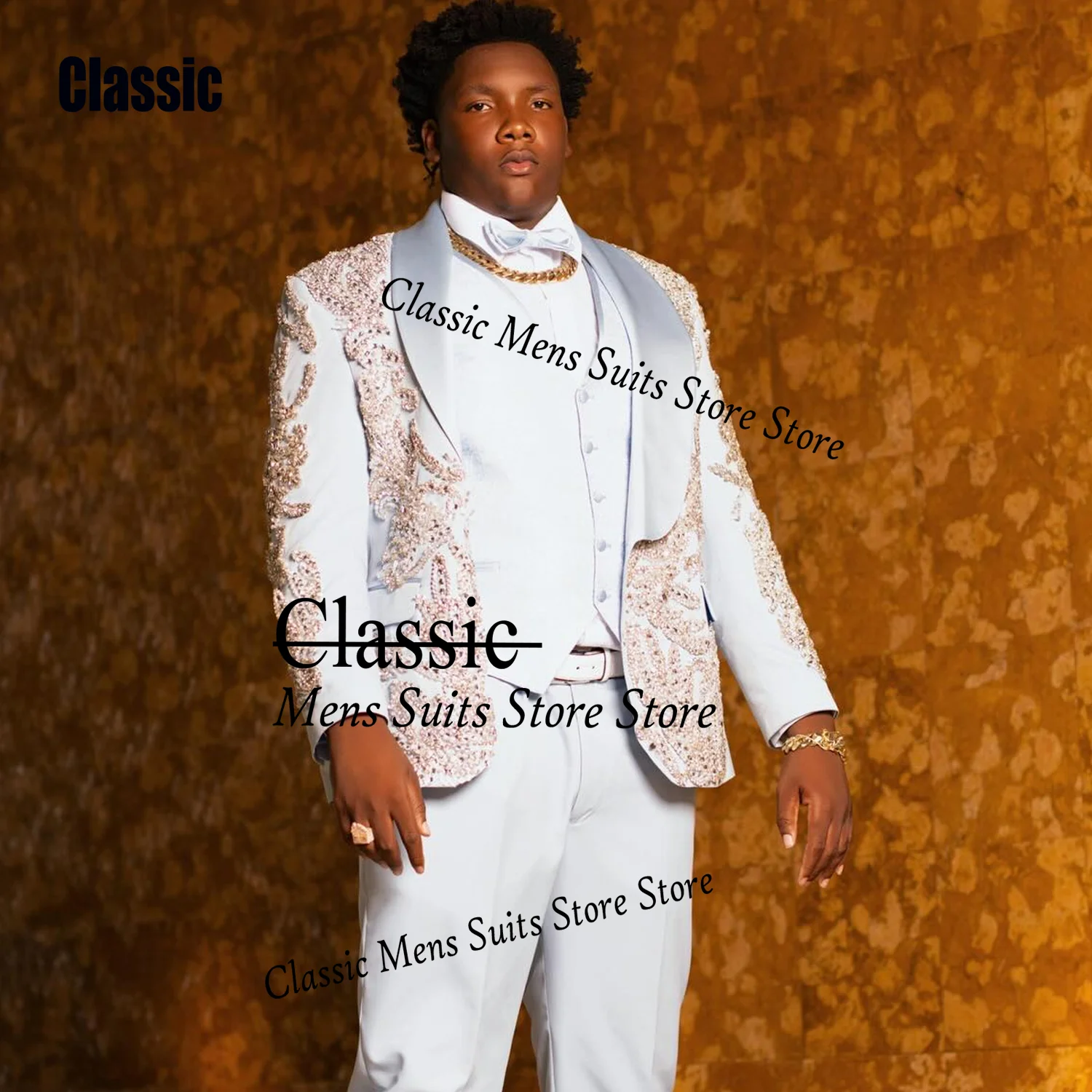 

Customized Sparkly Embroidery Diamond Men Suit Luxury Jewelry Wedding Tuxedos Slim Elegant hombre 3 Pieces Set Groom Male Blazer