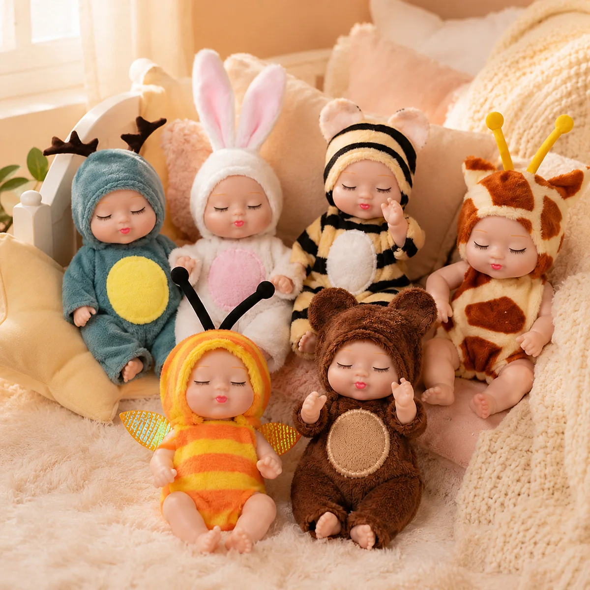 1/6PCS Mini Sleep Baby Doll Animal Onesie Closed Eye Cute Cartoon Styling Assorted Vivid Designs Fun Birthday Christmas Play Toy