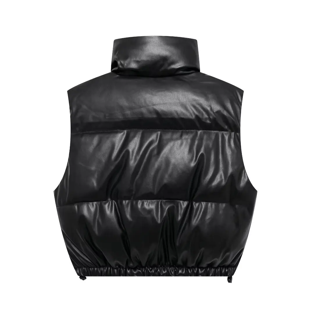 Jaqueta de Couro Preta Curta JNLEAOG Moda Fena Outono Novo Estilo Colete de Aodão Gola Alta Fibra de Poliéster Poliuretano