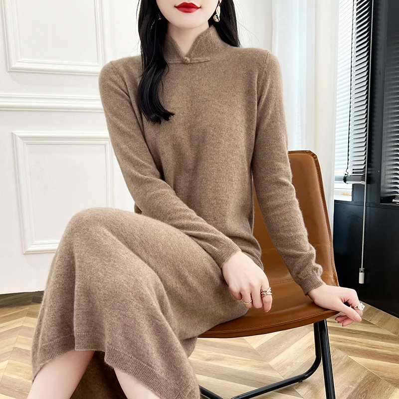 

Женское трикотажное платье из 100% мериносовой шерсти, свободная длинная юбка-стойка в стиле ретро, осенне-зимняя мода, теплый свитер «Джокер», нижняя рубашка