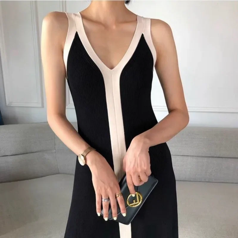 Spring Elegant V-neck Sleeveless Split Knitted Loose Calf Long Dress Contrast Color Patchwork Sexy A-line Casual Black Dress