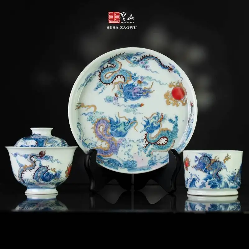 Holy Mountain Jingdezhen Blue And White Doucai Hand-Painted Wulong Playing Pearl Ceramic Set Handmade Covered Bowl Tea Cup