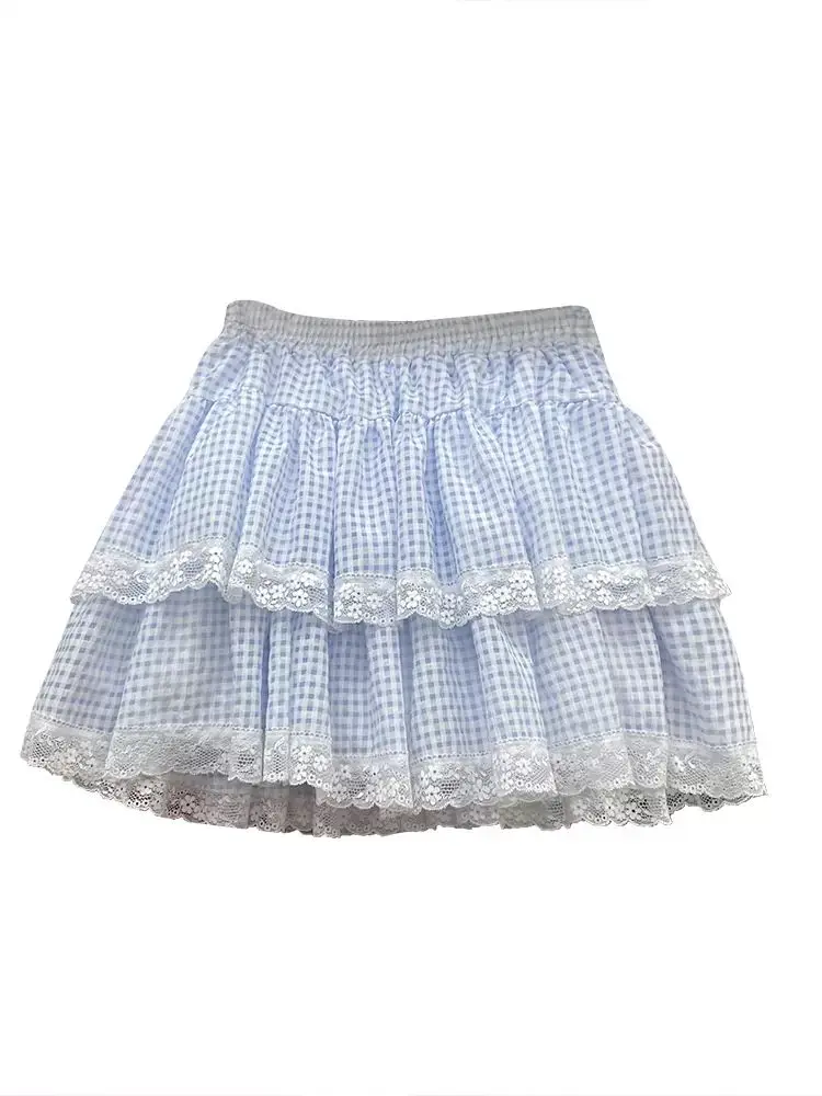 Gaganight Plaid Skirts Women Lace Patchwork Stretch High Waist 2025 Spring Summer Fashion Casual Party Mini Skirt Female