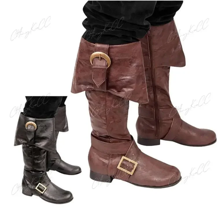 Middeleeuwse Viking Piraat Soldaat Cosplay Ridder Laarzen Halloween Mannen Mode Gesp Schoenen Vrouwen Retro Party Hoge Hak Laars