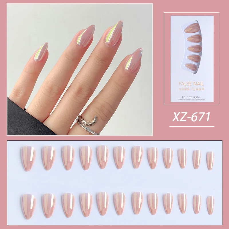 Juego de uñas postizas Aurora, 24 piezas, uñas postizas portátiles con purpurina, Stiletto de cobertura completa