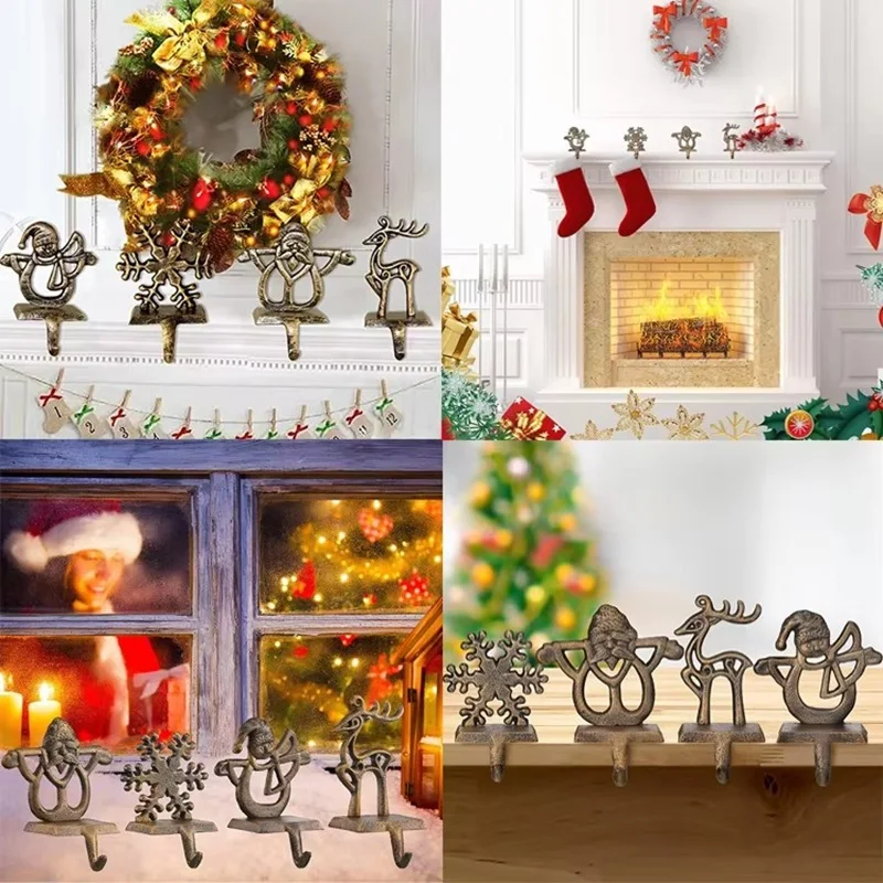 2PCS Christmas Stocking Holders Hook Set for Fireplace Mantle Metal Snowman Santa Snowflake Reindeer Free Standing Stocking Hook