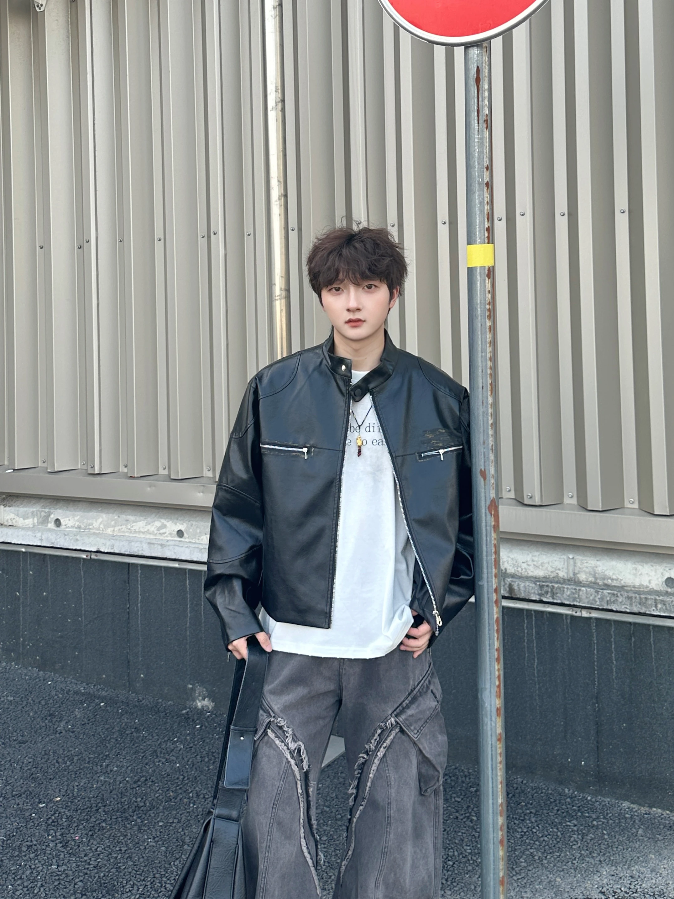 

Fikzz American Retro Motorcycle Sle ort Bla Leather Jaet Men's Women's High-End PU Leather Coat Spring Autumn Winter