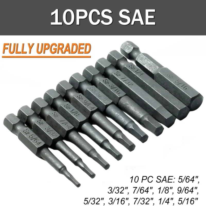 10 Pcs SAE/Metric Hex Head Allen Wrench Drill Bit Set 1/4\