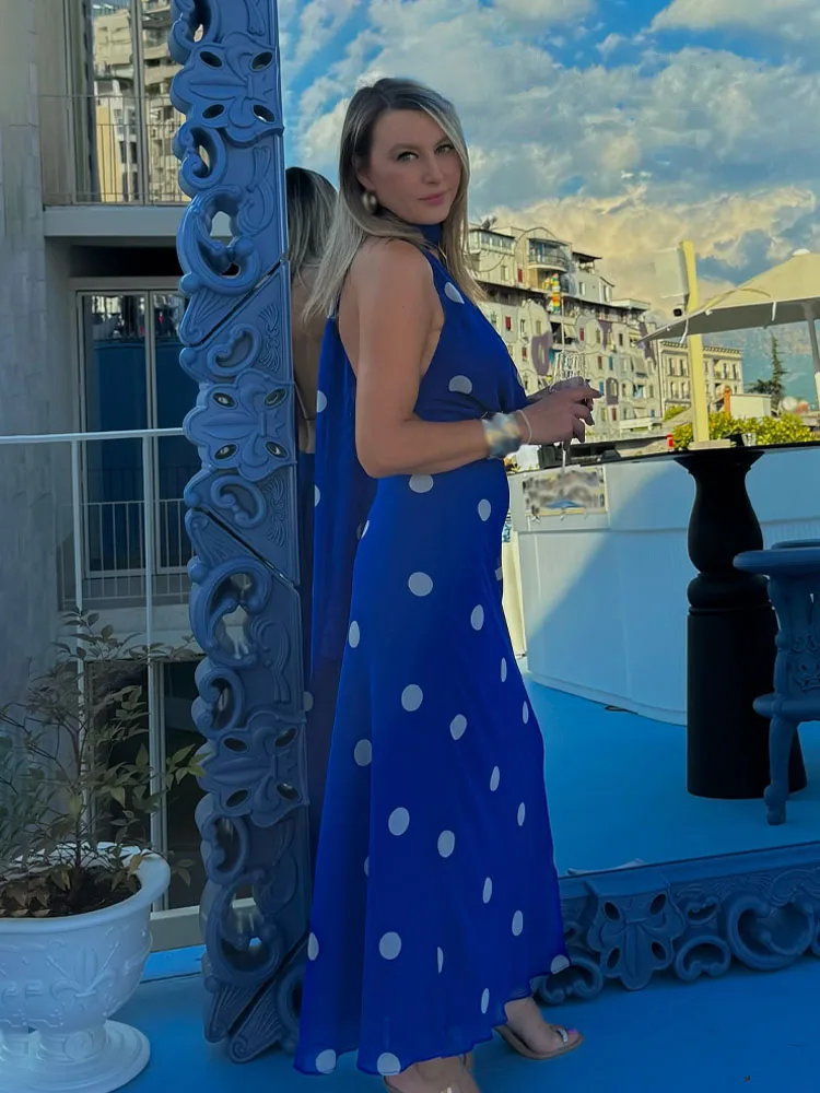 HH dames zomermode sexy jurken blauwe stippen swingende kraag mouwloze rugloze rits vrouwelijke strandstijl lange jurk