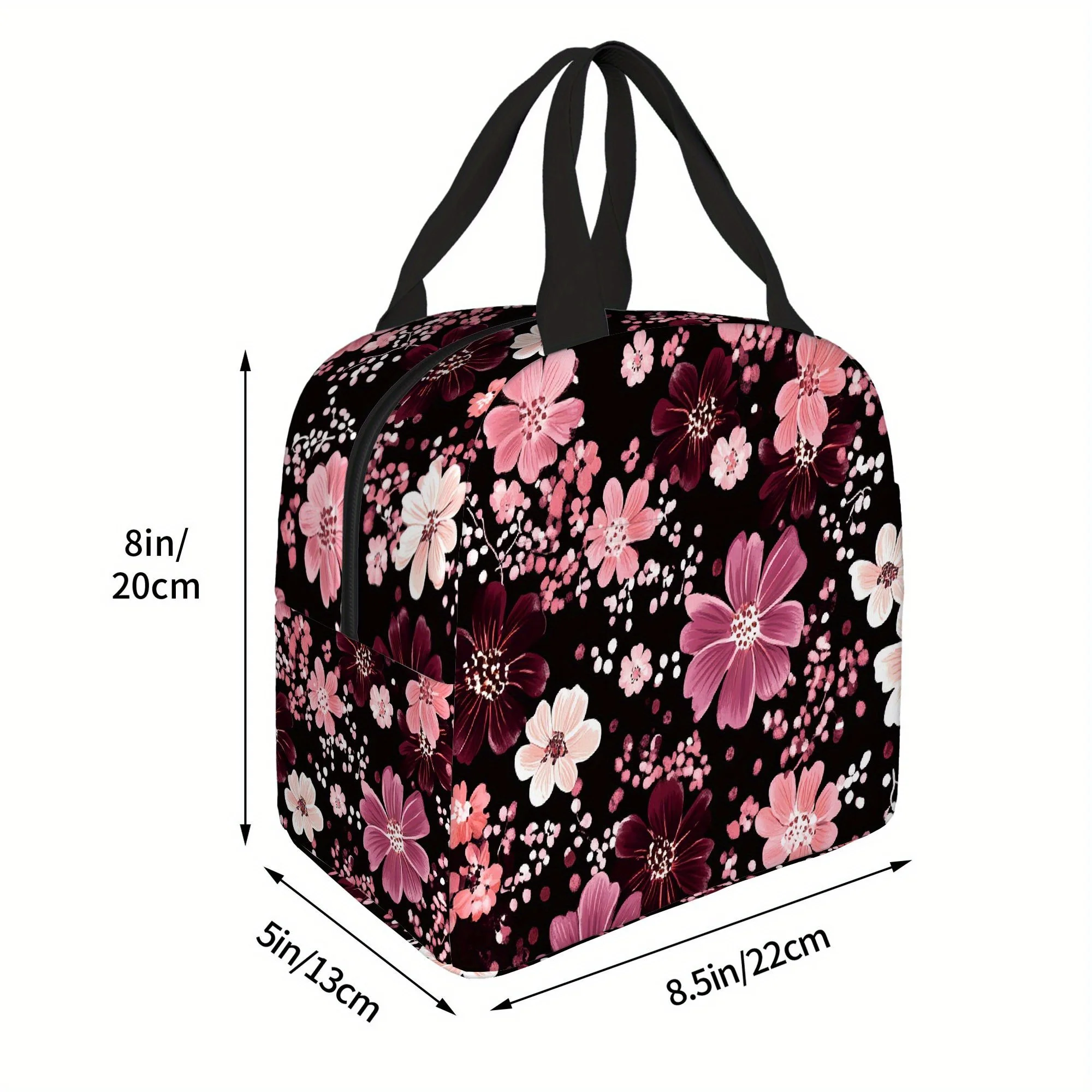 1pc Thermal Insulated Bag with Floral Pattern Pink White Flowers on Dark Background Non-Food Contact Thermal