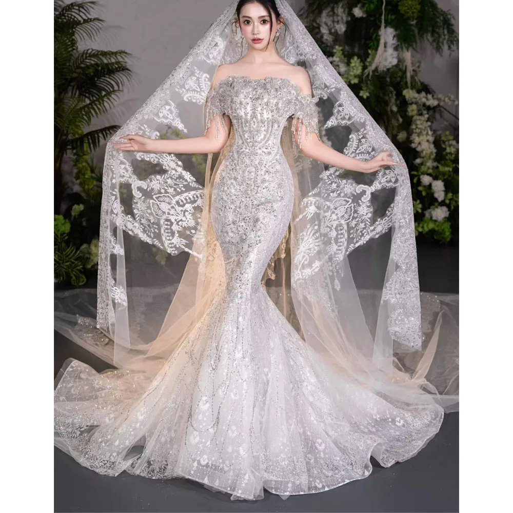 

Luxury Strapless Off-The-Shoulder Wedding Dress Crystal Sequined Embroidery Sheath Fit Customizable Mermaid Gown