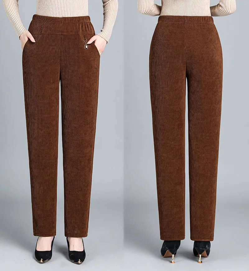 

Middle Aged Women Corduroy Pants Autumn Winter Elastic High Waist Large Size Straight Pants Loose Thick Mother Corduroy Trousers