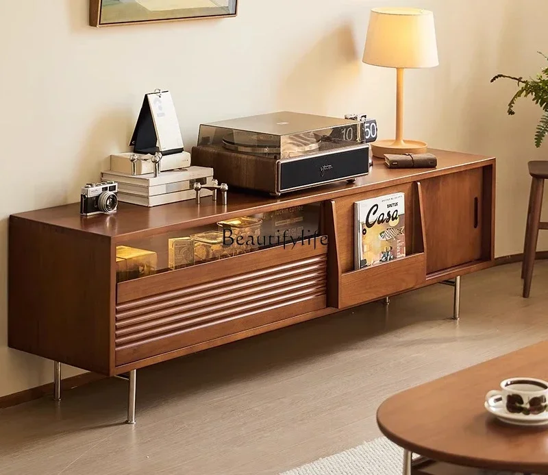 

yj5 Vintage Solid Wood TV Cabinet Japanese Nordic Furniture High-Leg TV Stand