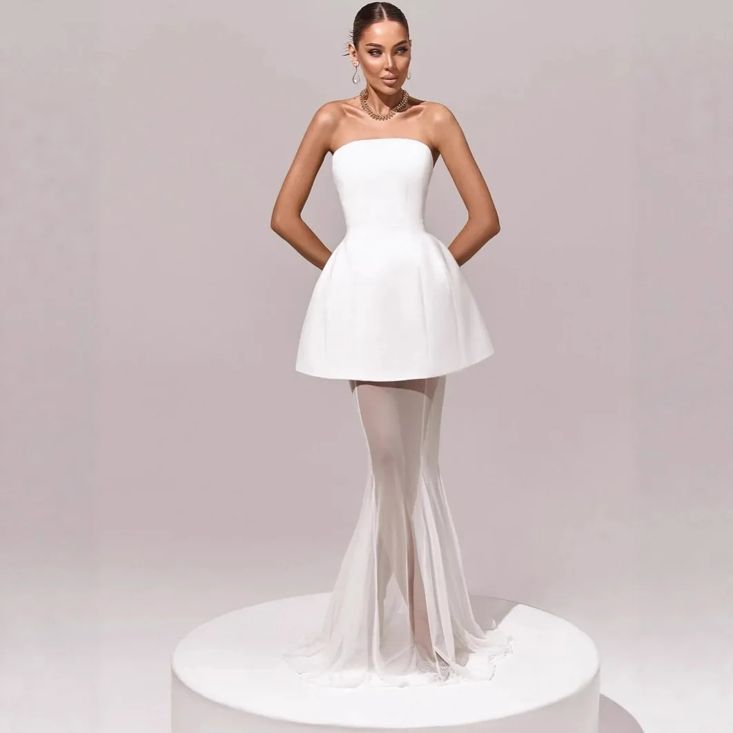 

New Modern Black White Prom Party Dress Strapless A-line Satun Tulle Long Formal Evening Pageant Gown Birthday Robe De Soriee