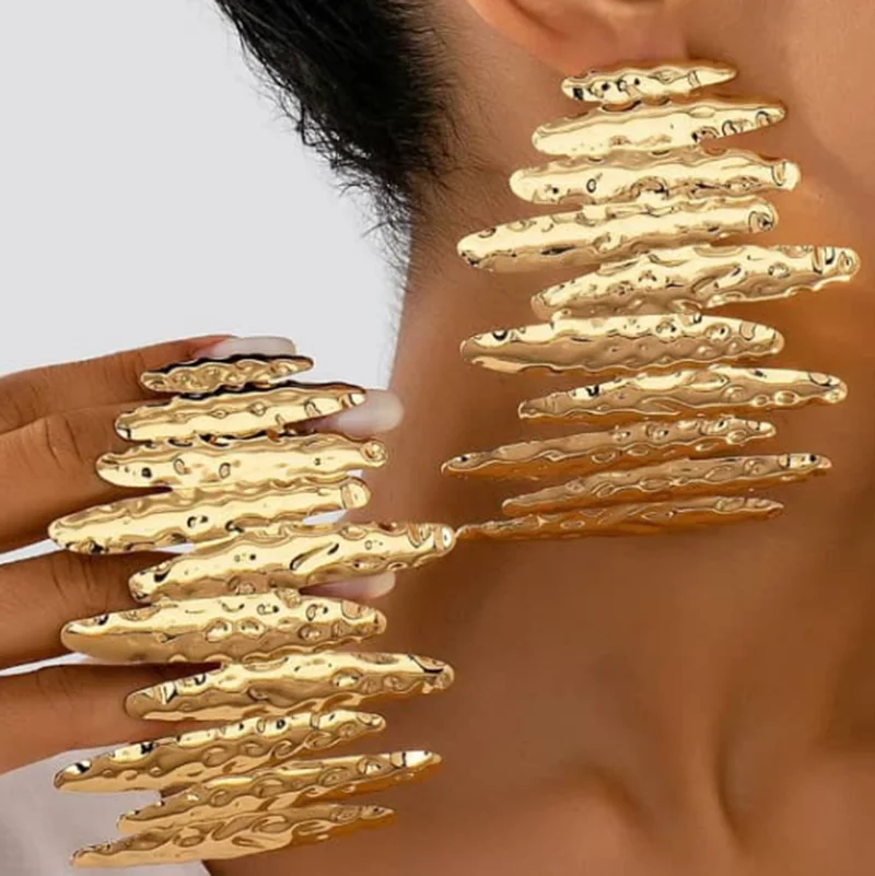 New Arrivals Women Bold Gold Layered Bar Earrings with Textured Design - Statement Jewelry for Trendy Outfits High Quality