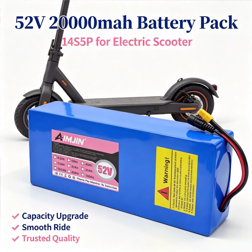 14S5P 52V 20AH 18650 Lithium Battery With BMS For 1500W Electric Scooters, Mountain Bikes + Charger