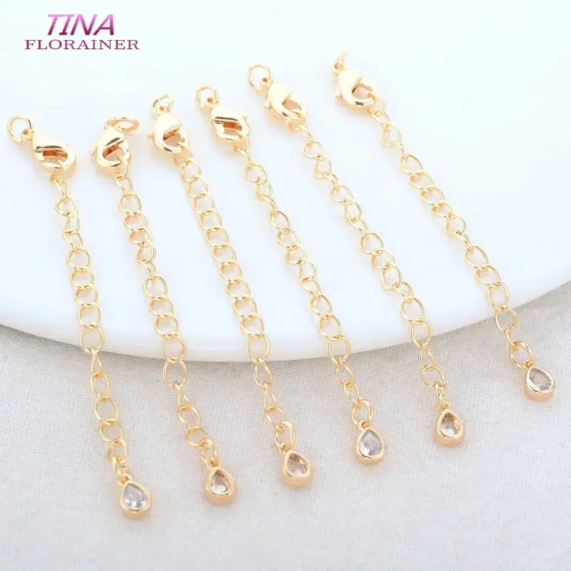 6PCS 14K Gold Color Brass and Zircon Drop Extender Chain with Lobster Clasps High Quality Jewelry Accessories  DIY