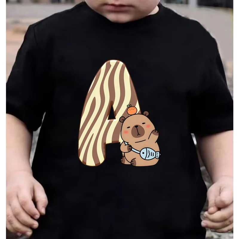 Cartoon Capybara Letter A-Z Print T-Shirt Capybara Lover Birthday Gift 26 Initials T-Shirts Girls Boys Cotton Tee Shirt Clothes