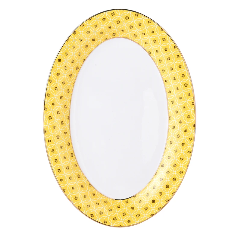 

High-Grade oval Ceramic Plate Flat Round Steamed Fish Plate 12 Inch Yellow Nordic Dinner Plate Dish Steak Bread Plate