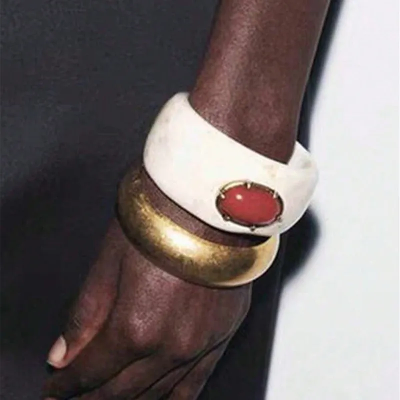 HANGZHI Vintage Red Stone Resin Metal Bracelet Set Exaggerated Stackable Punk Chunky Wide Cuff Bangle Jewelry for Women New