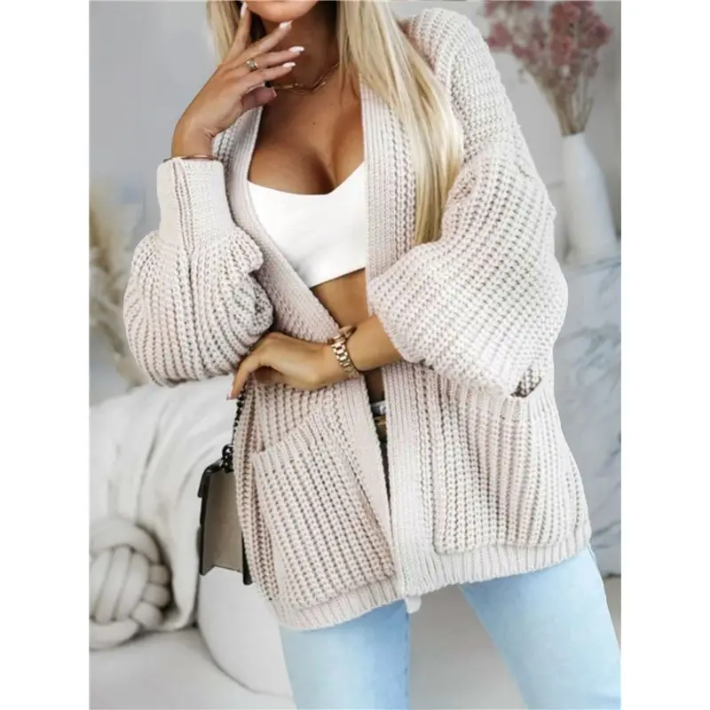 أفضل ما في 2025-سترة صوفية نسائية للخريف والشتاء موضة عادية كم طويل المتضخم سترة مشغولة من الصوف سترة