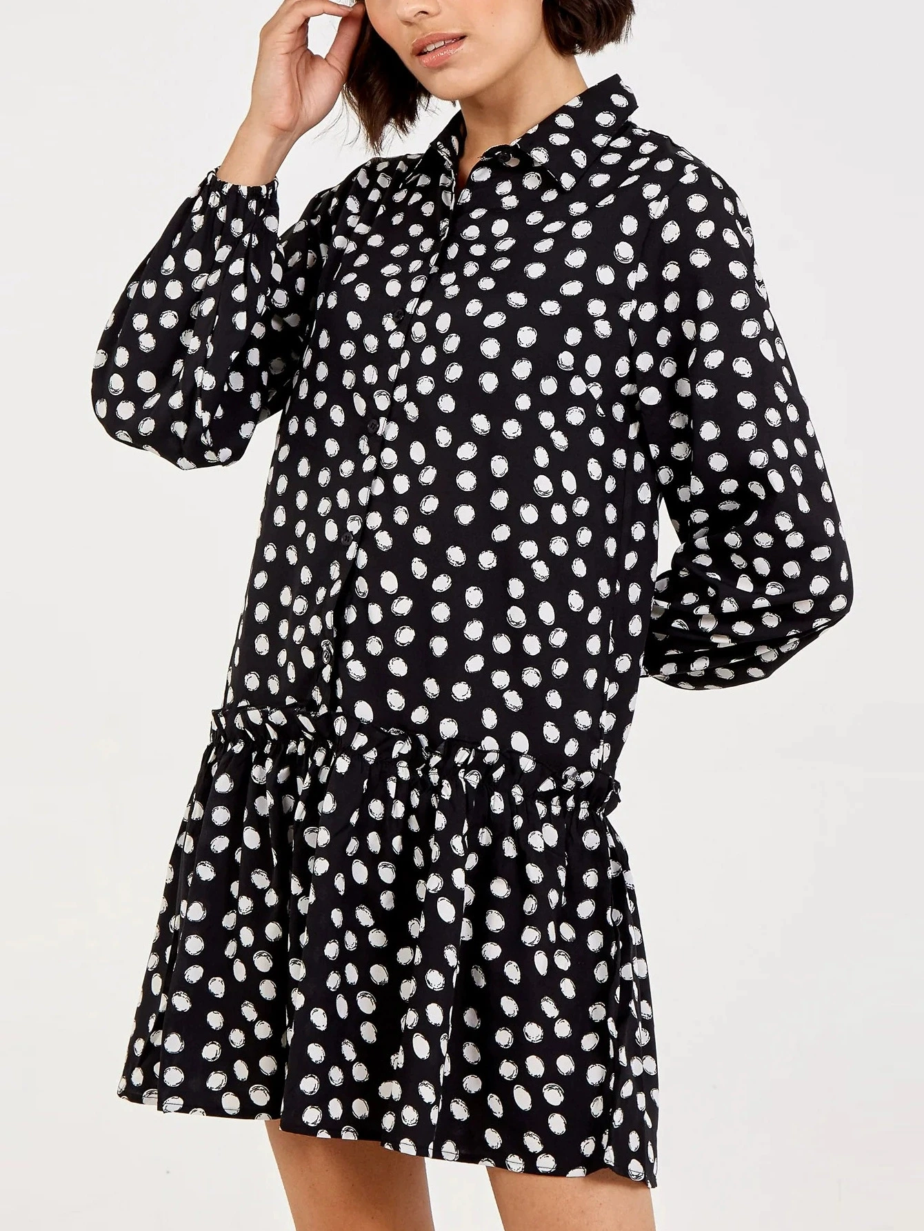 

Осень 202, новое женское платье больших размеров в горошек с длинными рукавами, однобортное, с лацканами, плиссированная юбка, юбка-рубашка